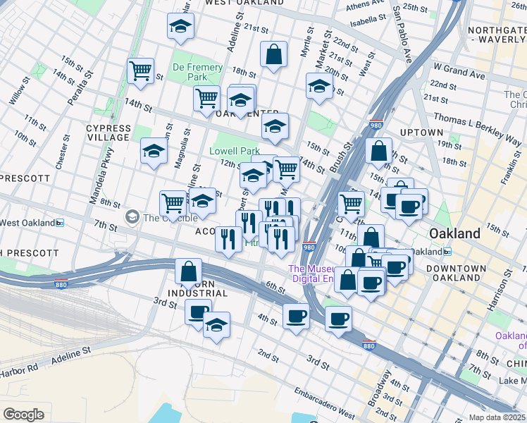 map of restaurants, bars, coffee shops, grocery stores, and more near 960 10th Street in Oakland