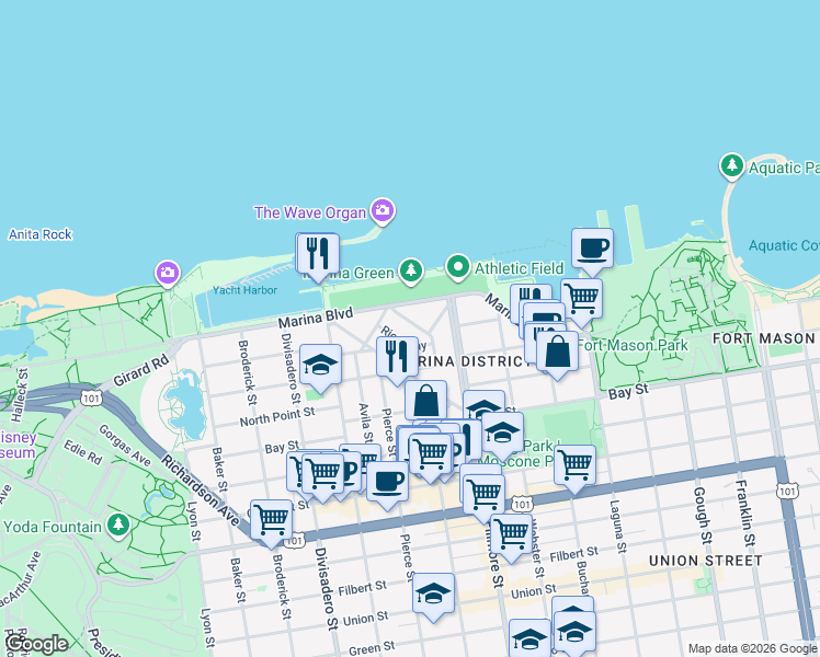 map of restaurants, bars, coffee shops, grocery stores, and more near in San Francisco