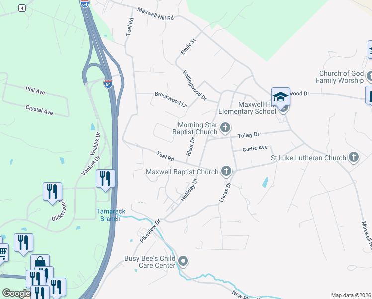 map of restaurants, bars, coffee shops, grocery stores, and more near 111 Rider Dr in Beckley
