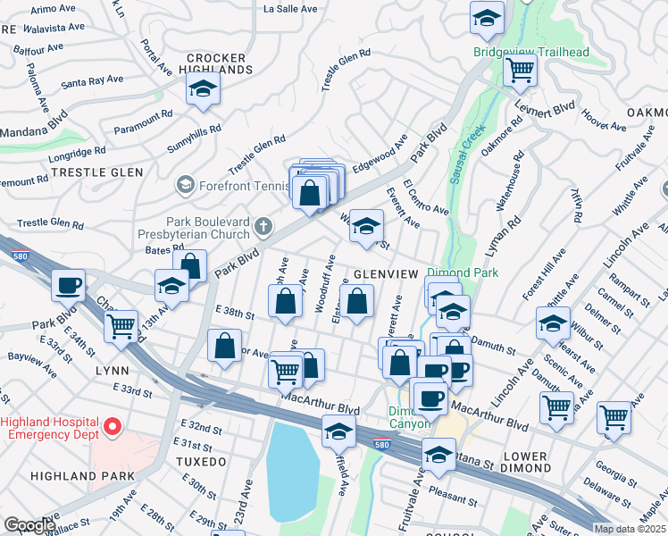 map of restaurants, bars, coffee shops, grocery stores, and more near 4115 Woodruff Avenue in Oakland