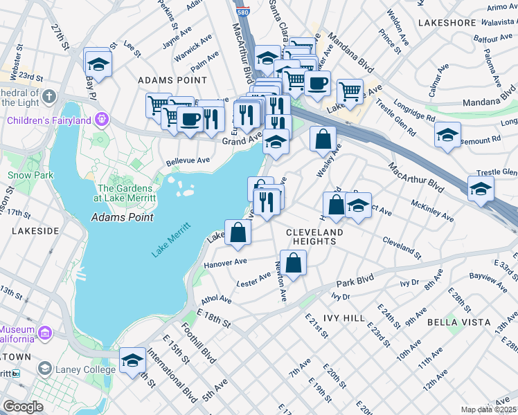 map of restaurants, bars, coffee shops, grocery stores, and more near 2208 Lakeshore Avenue in Oakland