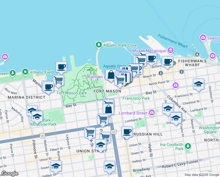 map of restaurants, bars, coffee shops, grocery stores, and more near 1050 North Point Street in San Francisco