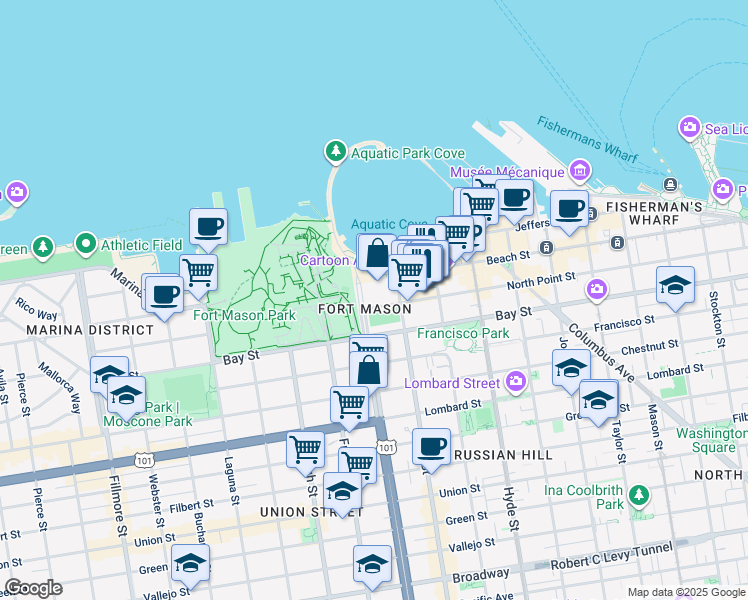 map of restaurants, bars, coffee shops, grocery stores, and more near 1050 North Point Street in San Francisco
