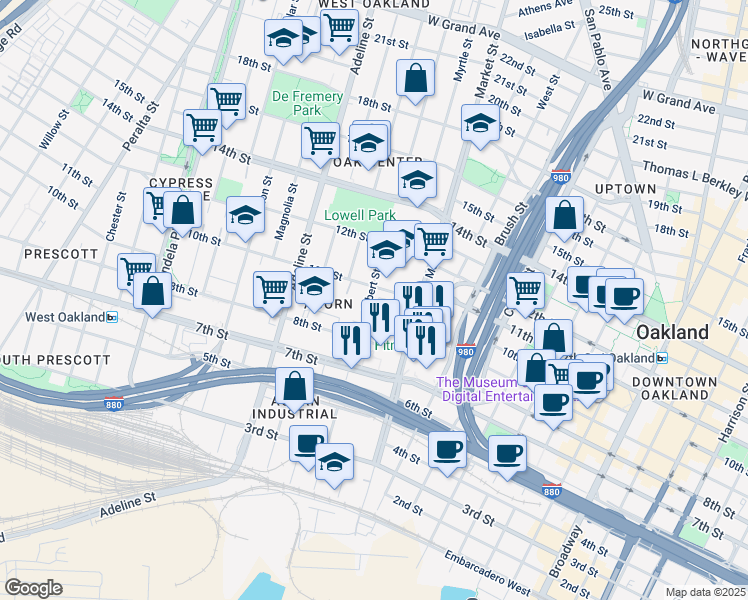 map of restaurants, bars, coffee shops, grocery stores, and more near 991 Village Circle in Oakland