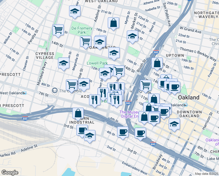 map of restaurants, bars, coffee shops, grocery stores, and more near 960 10th Street in Oakland