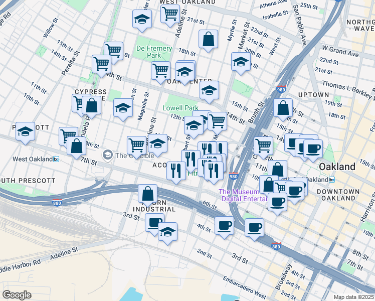 map of restaurants, bars, coffee shops, grocery stores, and more near 991 Village Circle in Oakland