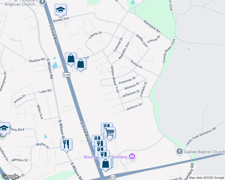map of restaurants, bars, coffee shops, grocery stores, and more near 127 Darby Woods Court in Radcliff