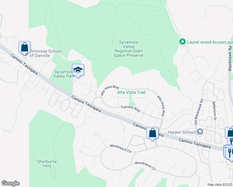 map of restaurants, bars, coffee shops, grocery stores, and more near 20 La Vista Way in Danville