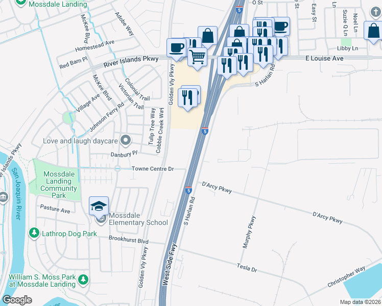 map of restaurants, bars, coffee shops, grocery stores, and more near 17201 Manthey Road in Lathrop