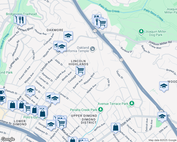 map of restaurants, bars, coffee shops, grocery stores, and more near 2818 Frye Street in Oakland