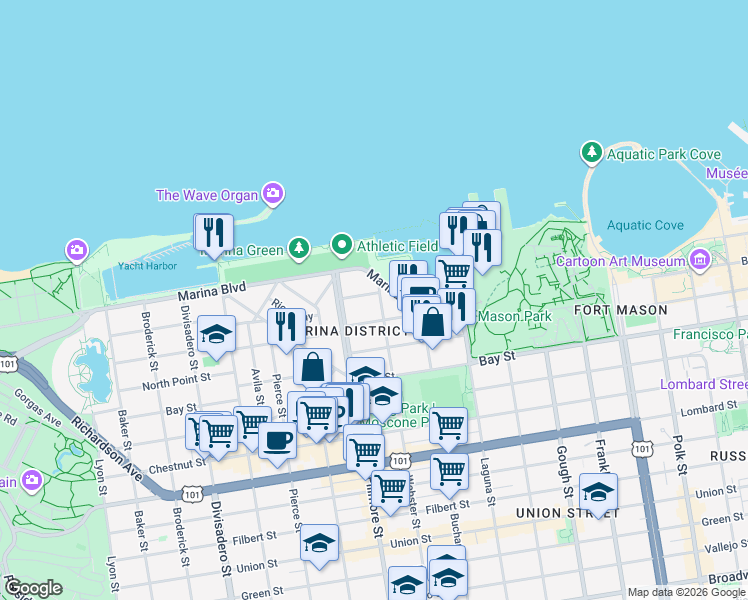 map of restaurants, bars, coffee shops, grocery stores, and more near 3757 Webster Street in San Francisco