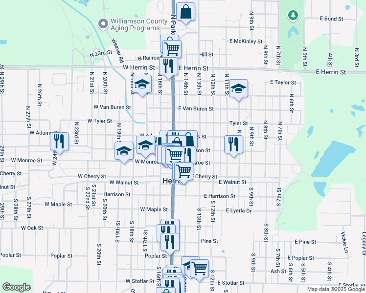 map of restaurants, bars, coffee shops, grocery stores, and more near 301 North 14th Street in Herrin