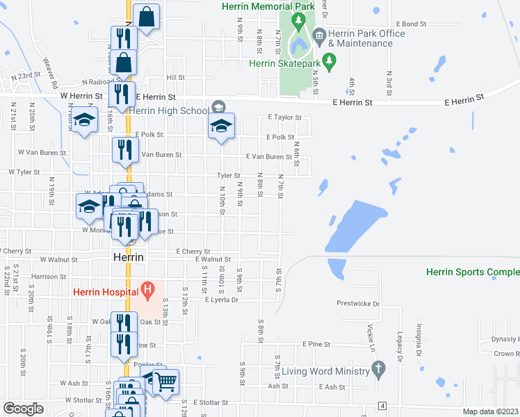 map of restaurants, bars, coffee shops, grocery stores, and more near 317 North 8th Street in Herrin