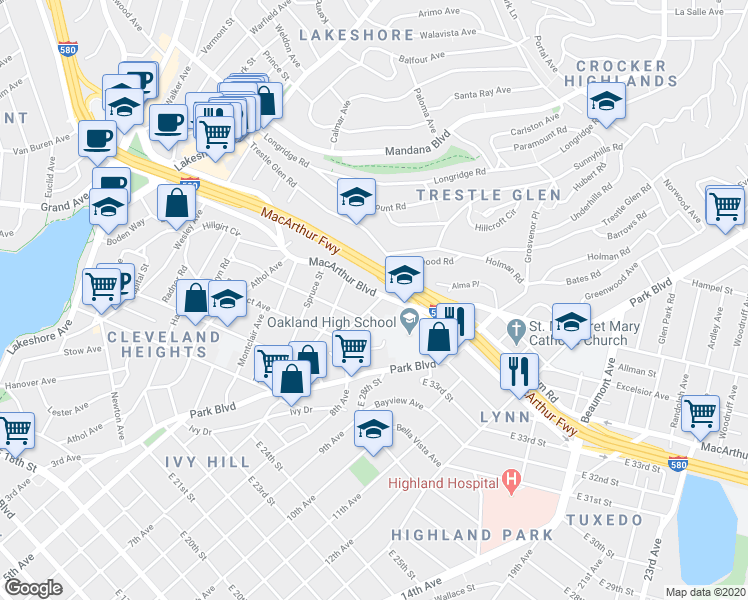 map of restaurants, bars, coffee shops, grocery stores, and more near 947 MacArthur Boulevard in Oakland