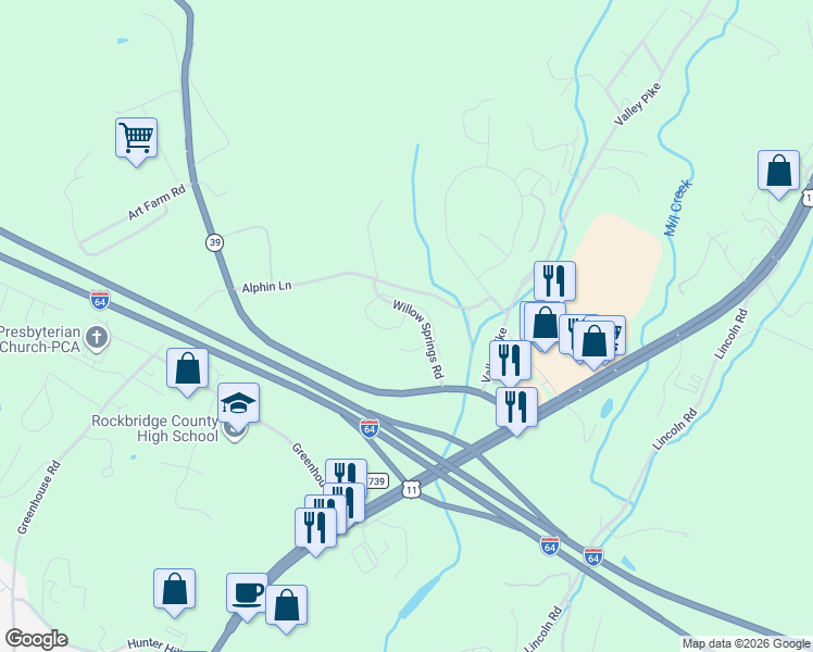 map of restaurants, bars, coffee shops, grocery stores, and more near 95 Willow Springs Road in Lexington