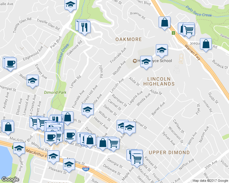 map of restaurants, bars, coffee shops, grocery stores, and more near 4087 Lincoln Avenue in Oakland