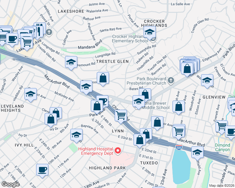 map of restaurants, bars, coffee shops, grocery stores, and more near 940 Alma Place in Oakland