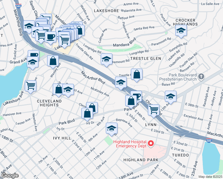 map of restaurants, bars, coffee shops, grocery stores, and more near 926 MacArthur Boulevard in Oakland