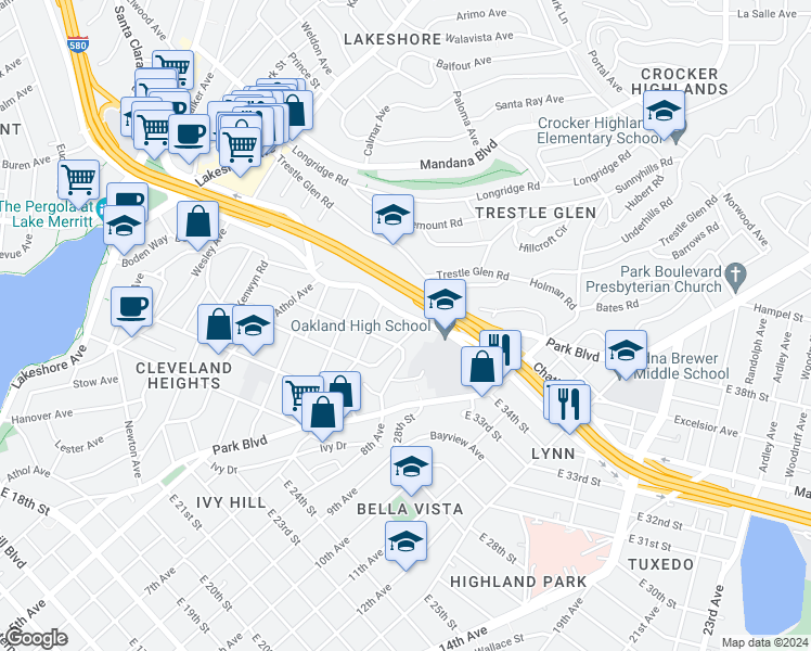map of restaurants, bars, coffee shops, grocery stores, and more near 926 MacArthur Boulevard in Oakland