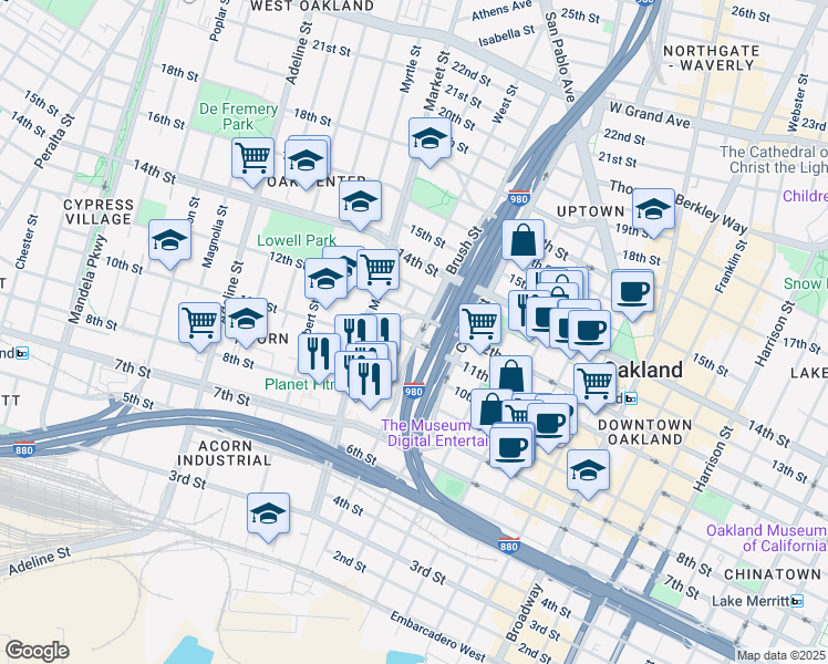 map of restaurants, bars, coffee shops, grocery stores, and more near in Oakland