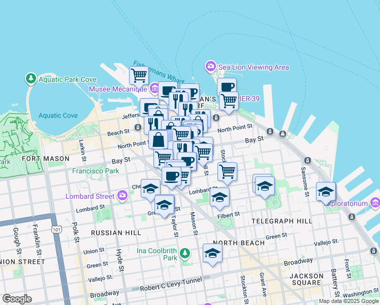 map of restaurants, bars, coffee shops, grocery stores, and more near 350 Bay Street in San Francisco