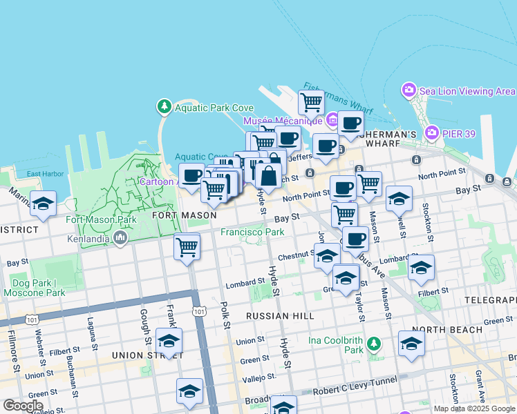 map of restaurants, bars, coffee shops, grocery stores, and more near 834 North Point Street in San Francisco
