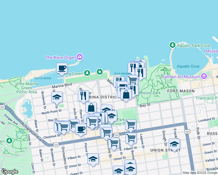 map of restaurants, bars, coffee shops, grocery stores, and more near 245 Marina Boulevard in San Francisco