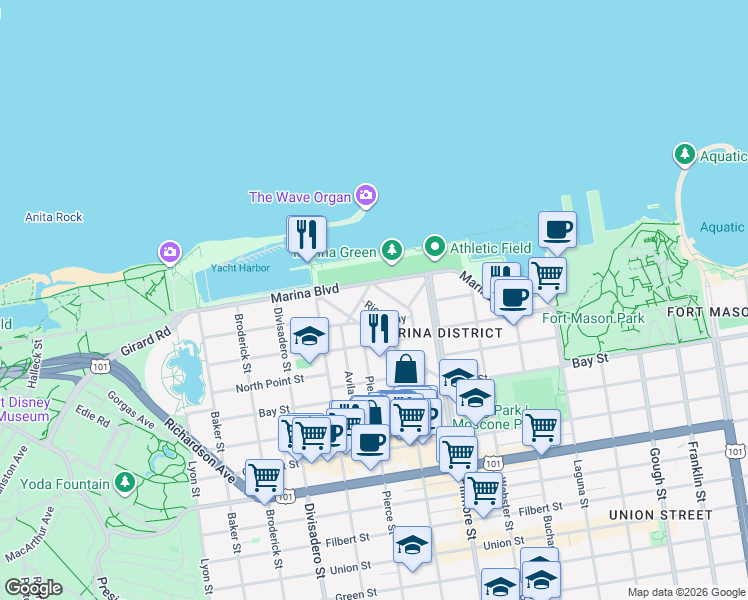 map of restaurants, bars, coffee shops, grocery stores, and more near 1936 San Francisco Bay Trail in San Francisco