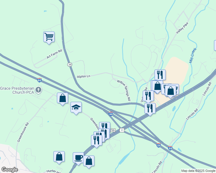 map of restaurants, bars, coffee shops, grocery stores, and more near Willow Springs Road in Lexington