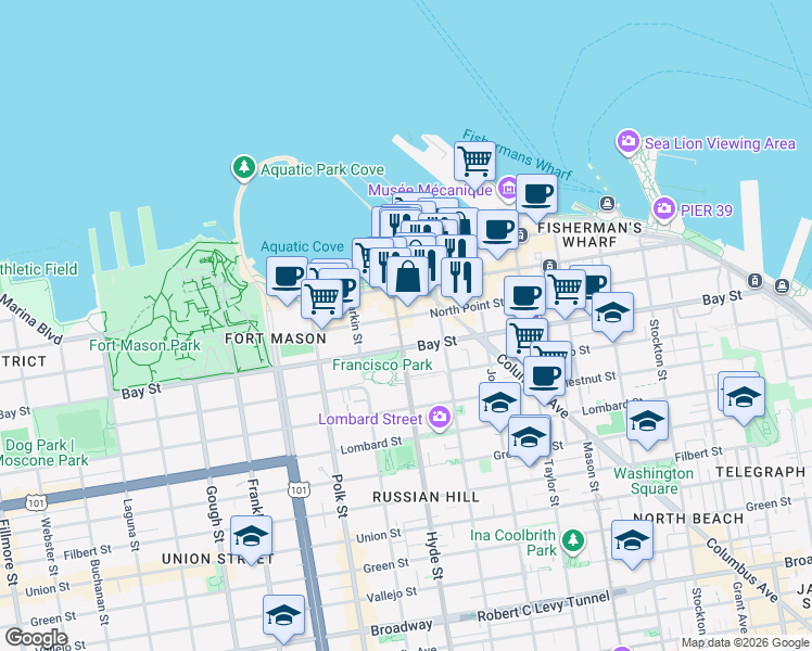 map of restaurants, bars, coffee shops, grocery stores, and more near 750 North Point Street in San Francisco