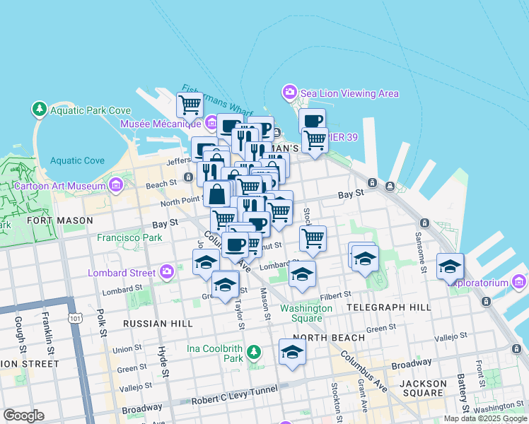 map of restaurants, bars, coffee shops, grocery stores, and more near 350 Bay Street in San Francisco