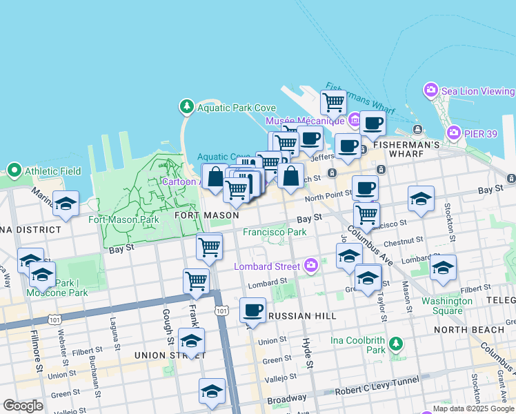 map of restaurants, bars, coffee shops, grocery stores, and more near Larkin St & North Point St in San Francisco