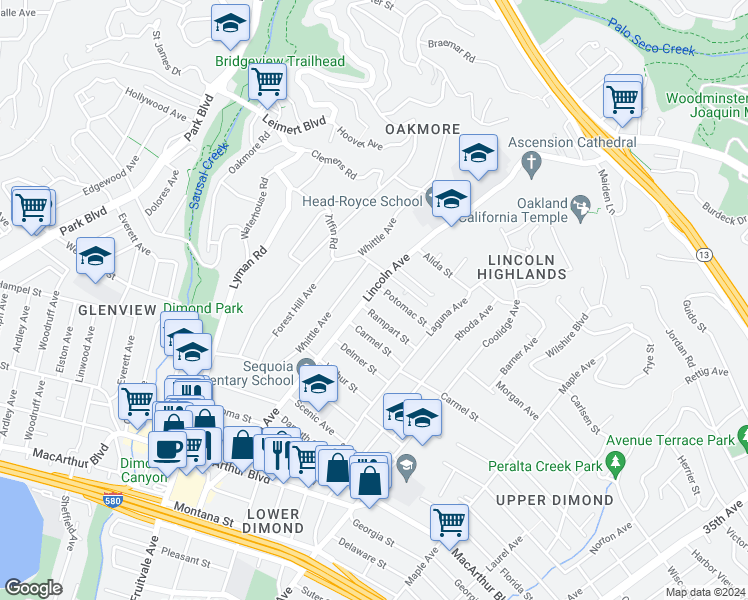 map of restaurants, bars, coffee shops, grocery stores, and more near 4052 Lincoln Avenue in Oakland