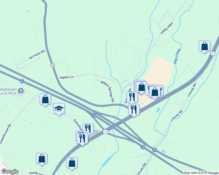 map of restaurants, bars, coffee shops, grocery stores, and more near Willow Springs Road in Lexington