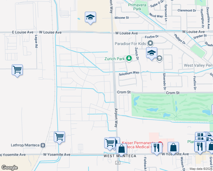 map of restaurants, bars, coffee shops, grocery stores, and more near 2561 Airport Way in Manteca