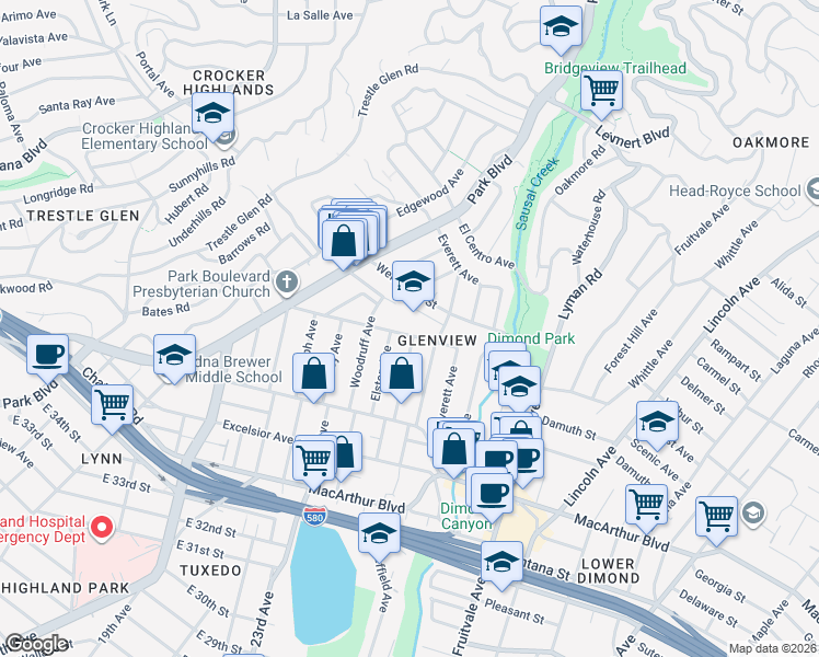map of restaurants, bars, coffee shops, grocery stores, and more near 1524 Hampel Street in Oakland
