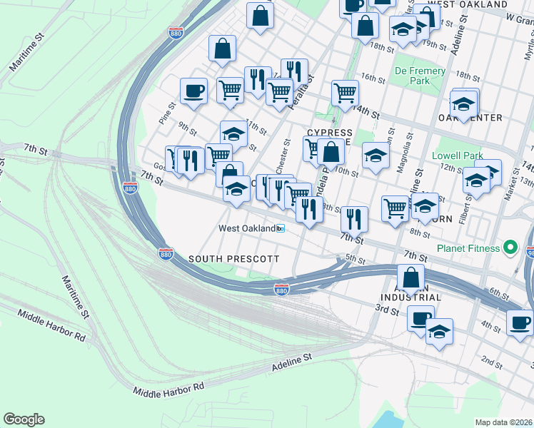 map of restaurants, bars, coffee shops, grocery stores, and more near in Piedmont