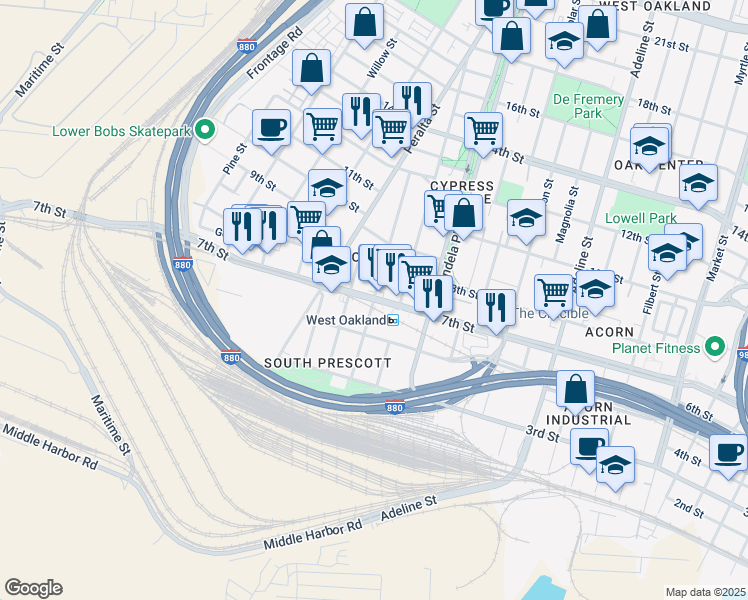 map of restaurants, bars, coffee shops, grocery stores, and more near 7th Street in Oakland
