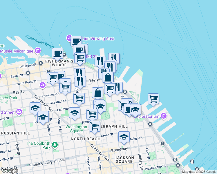 map of restaurants, bars, coffee shops, grocery stores, and more near 55 Francisco Street in San Francisco