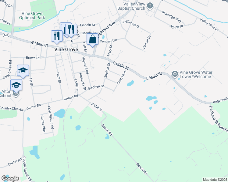 map of restaurants, bars, coffee shops, grocery stores, and more near 501 Stephen Street in Vine Grove