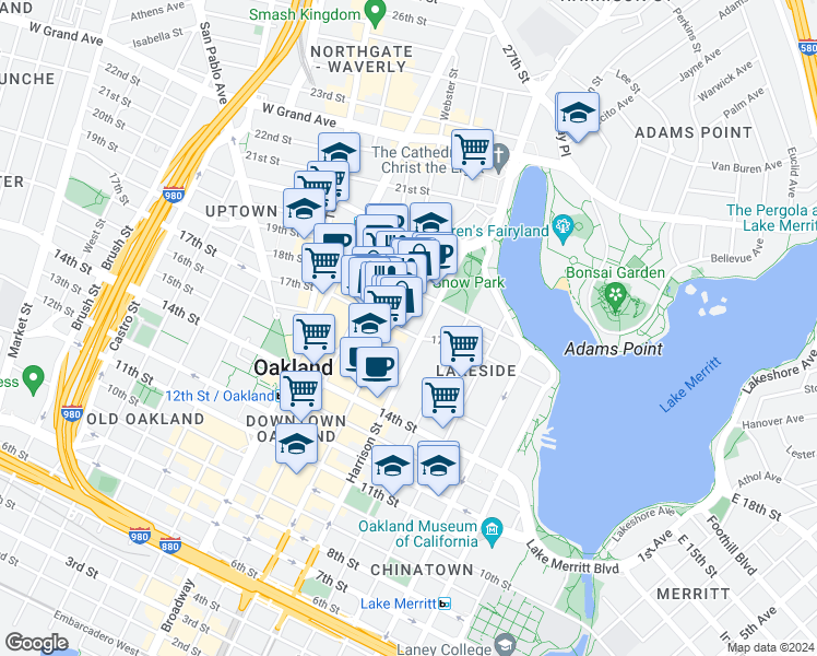 map of restaurants, bars, coffee shops, grocery stores, and more near 320 17th Street in Oakland