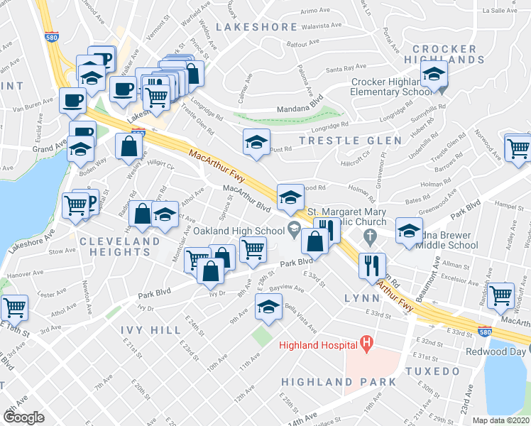 map of restaurants, bars, coffee shops, grocery stores, and more near 943 MacArthur Boulevard in Oakland