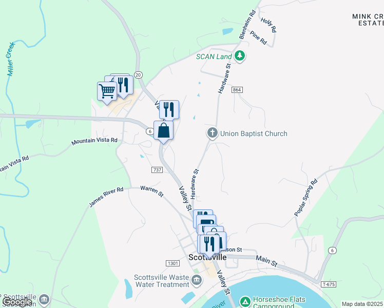 map of restaurants, bars, coffee shops, grocery stores, and more near 230 Hardware Street in Scottsville