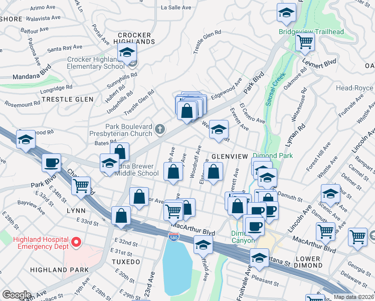 map of restaurants, bars, coffee shops, grocery stores, and more near 1415 Hampel Street in Oakland