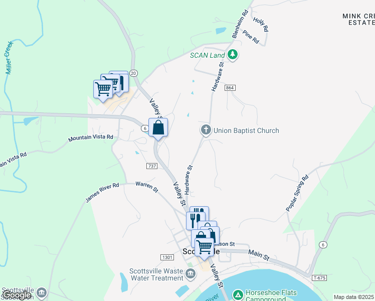 map of restaurants, bars, coffee shops, grocery stores, and more near 230 Hardware Street in Scottsville