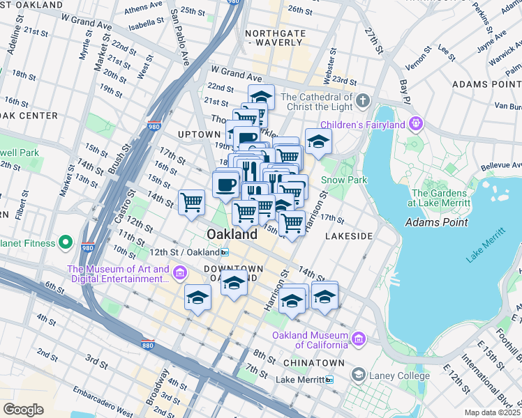 map of restaurants, bars, coffee shops, grocery stores, and more near 1600 Broadway in Oakland