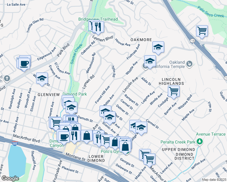 map of restaurants, bars, coffee shops, grocery stores, and more near 3999 Whittle Avenue in Oakland