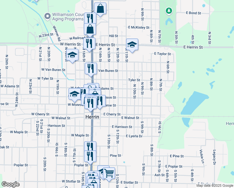 map of restaurants, bars, coffee shops, grocery stores, and more near 309 North 12th Street in Herrin