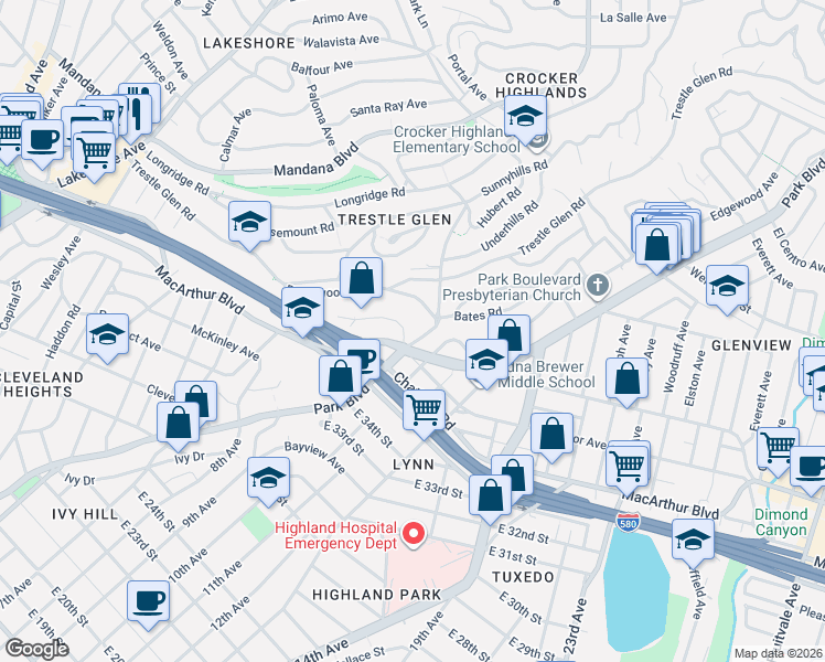map of restaurants, bars, coffee shops, grocery stores, and more near 940 Alma Place in Oakland