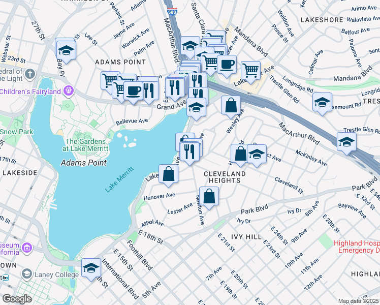 map of restaurants, bars, coffee shops, grocery stores, and more near 2204 Lakeshore Avenue in Oakland